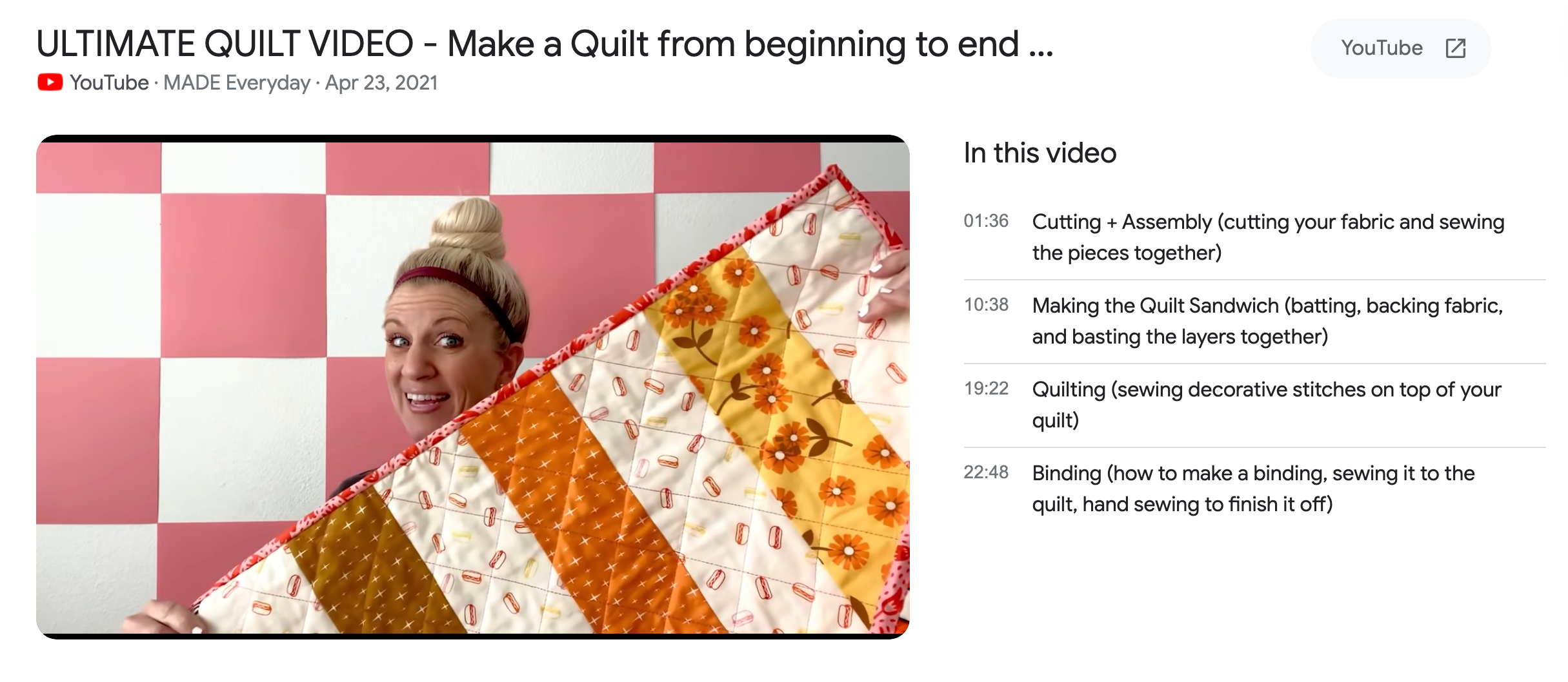 A listing for a YouTube video about how to make a quilt