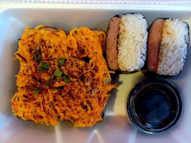 All the musubi at Dang Boba & Musubi House is made to order and served wonderfully warm. Pictured here: the classic and the Volcano varieties. (Amy Drew Thompson/Orlando Sentinel)