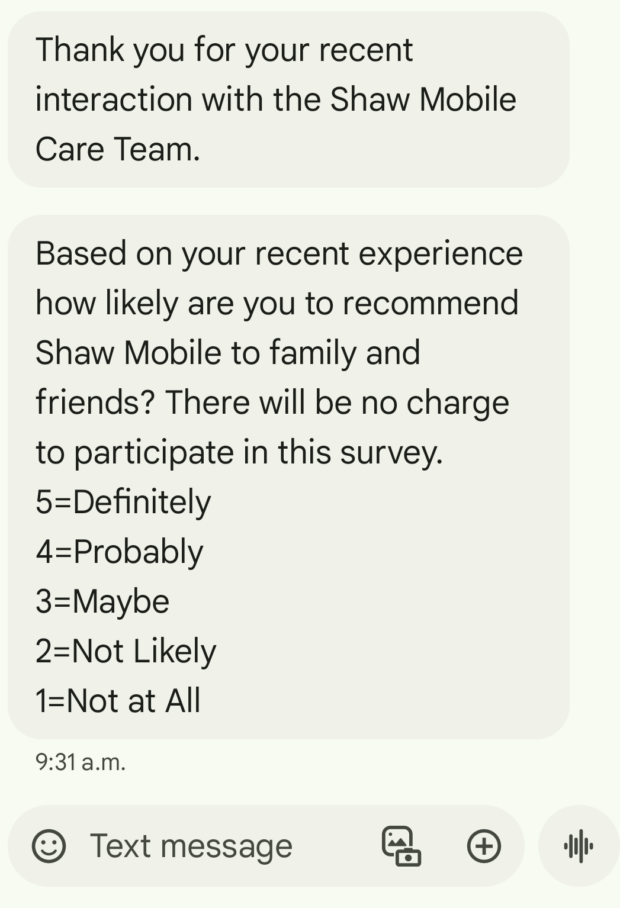Shaw Mobile customer service poll SMS text