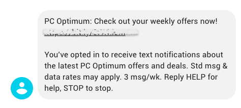 PC Optimum weekly offers SMS text notification