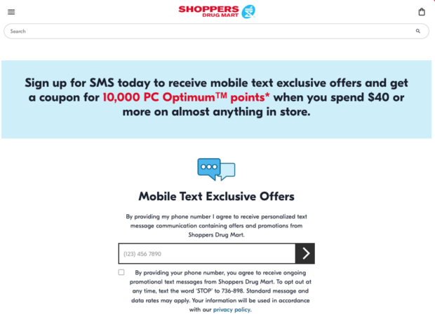 Shoppers Drug Mart sign up for SMS today to receive mobile text exclusive offers