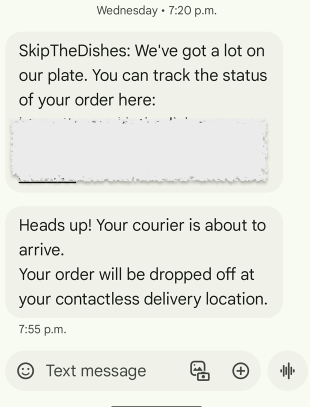 Skip The Dishes SMS courier delivery updates