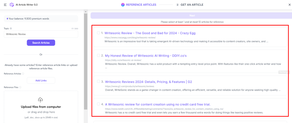 The top reference articles Writesonic pulled from Google using the AI Article Writer.