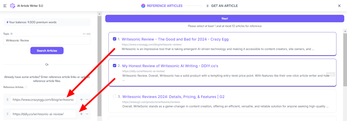 Selecting articles ranking in the top ten and Writesonic adding them to Reference Articles.