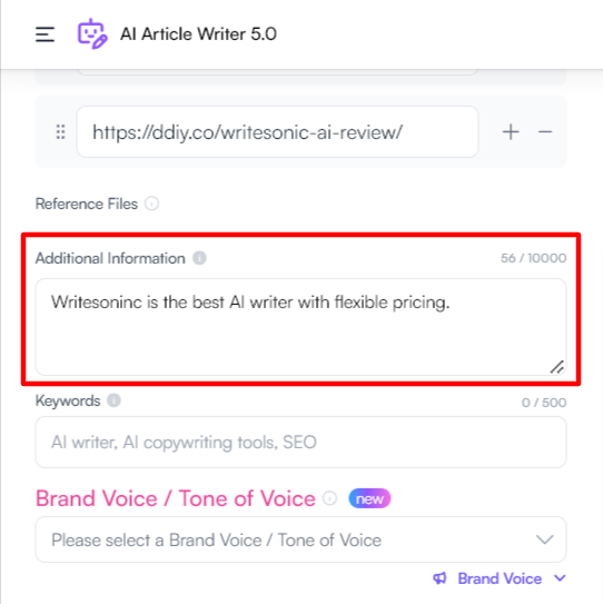 Including additional information when generating an AI article using Writesonic.