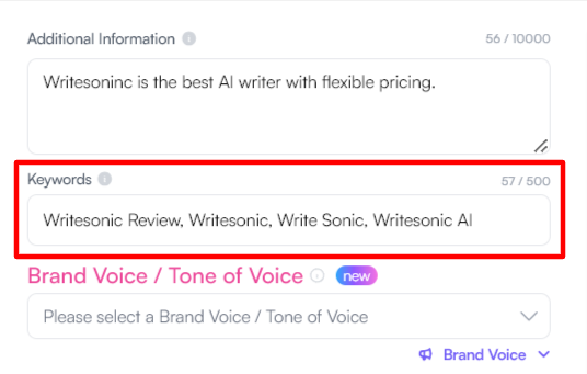 Adding keywords when generating an AI article using Writesonic.