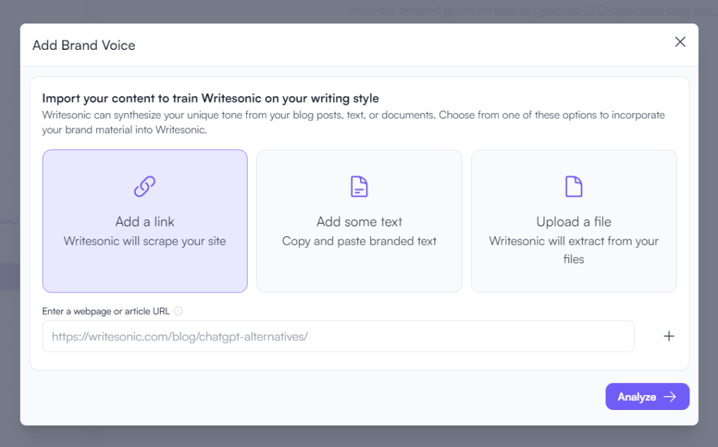 Selecting how to import content to create a brand voice in Writesonic.