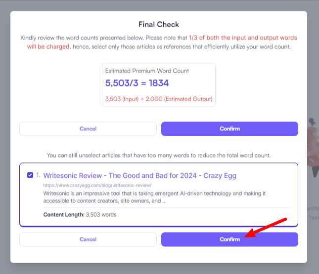 Selecting confirm on the Final Check window when generating an AI article using Writesonic.