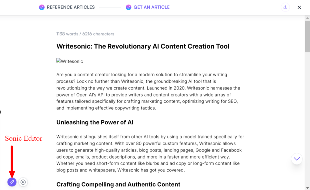 Highlighting the Sonic Editor from the article generated by Writesonic.