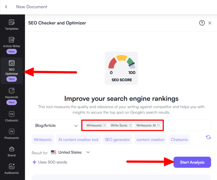 Selecting SEO Optimizer, adding keywords, and selecting Start Analysis.