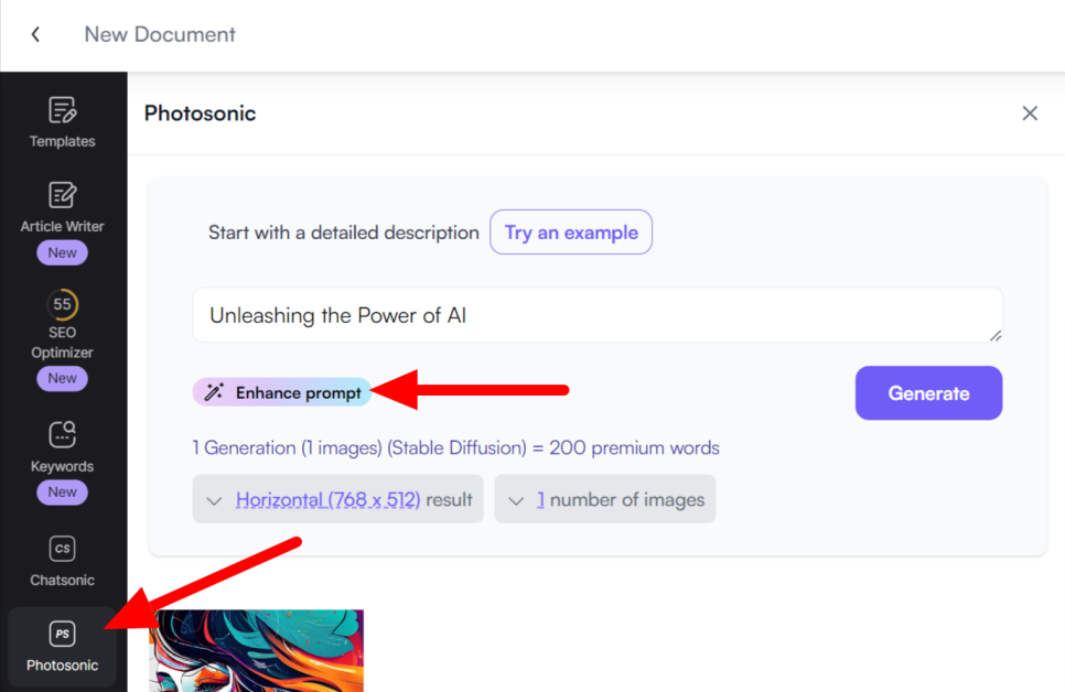 Selecting Photosonic, adding a text prompt, and hitting Enhance prompt.