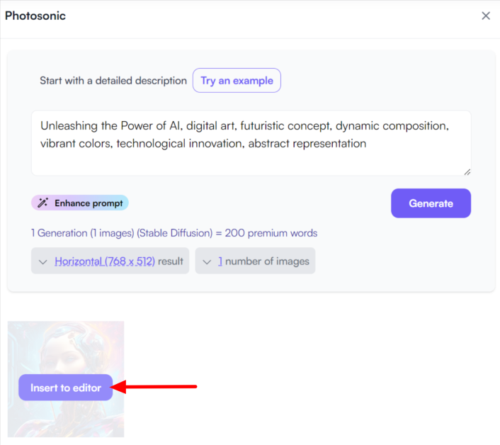Hovering over the image generated with Photosonic to insert it into the editor.