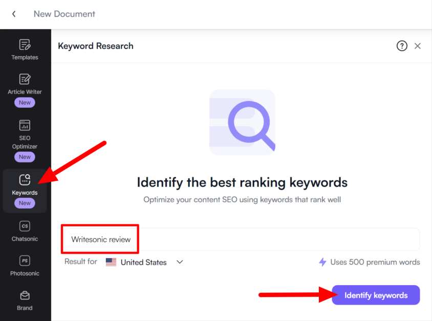 Selecting the Keywords tools and entering a topic into the Writesonic Keyword Research Tool.