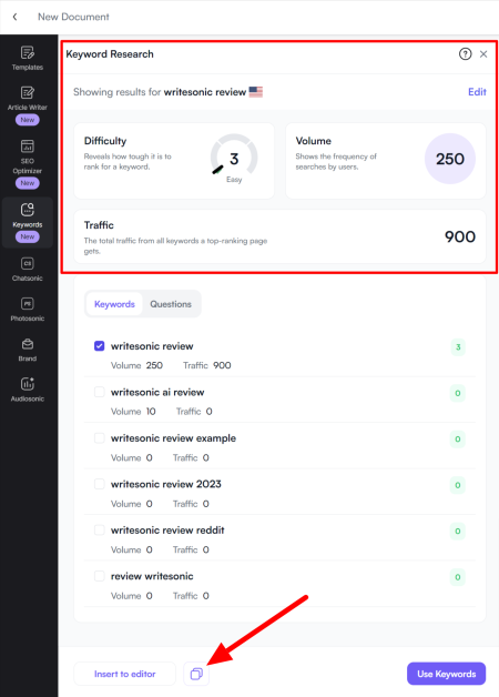 Writesonic revealing keyword metrics for a keyword searched using the Keyword Research tool and selecting Copy to Clipboard.