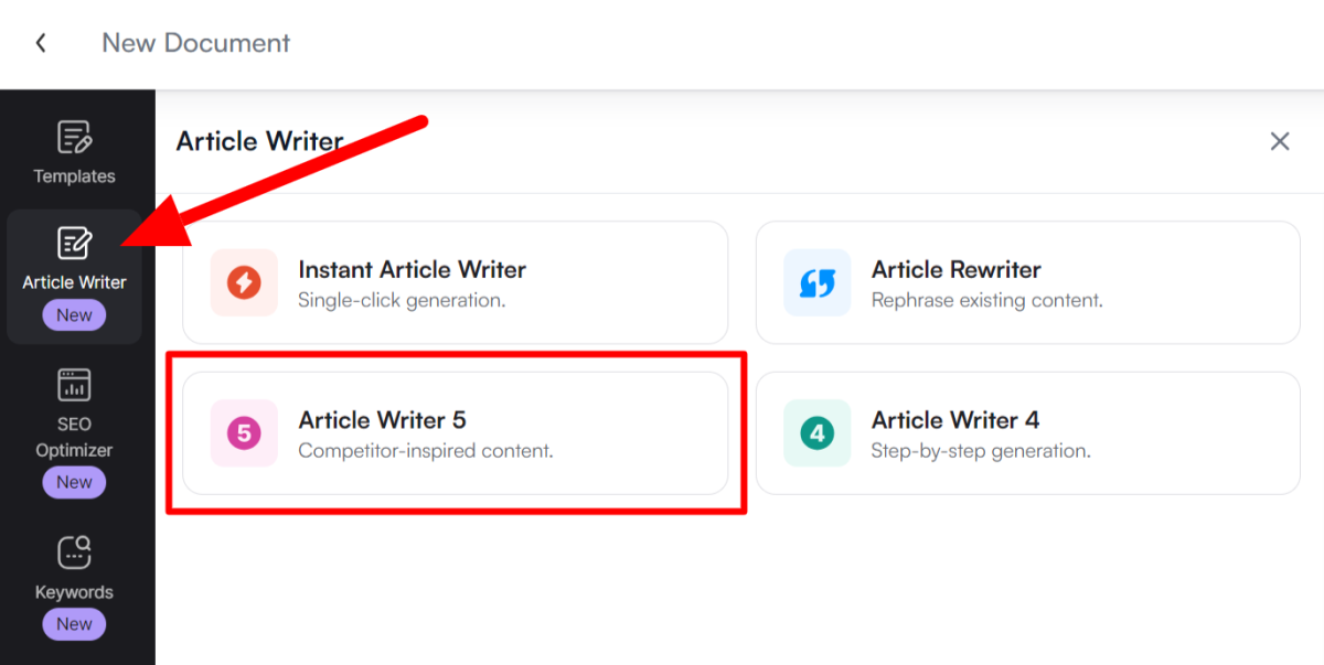 Selecting Article Writer 5 from Writesonic's Article Writer options.