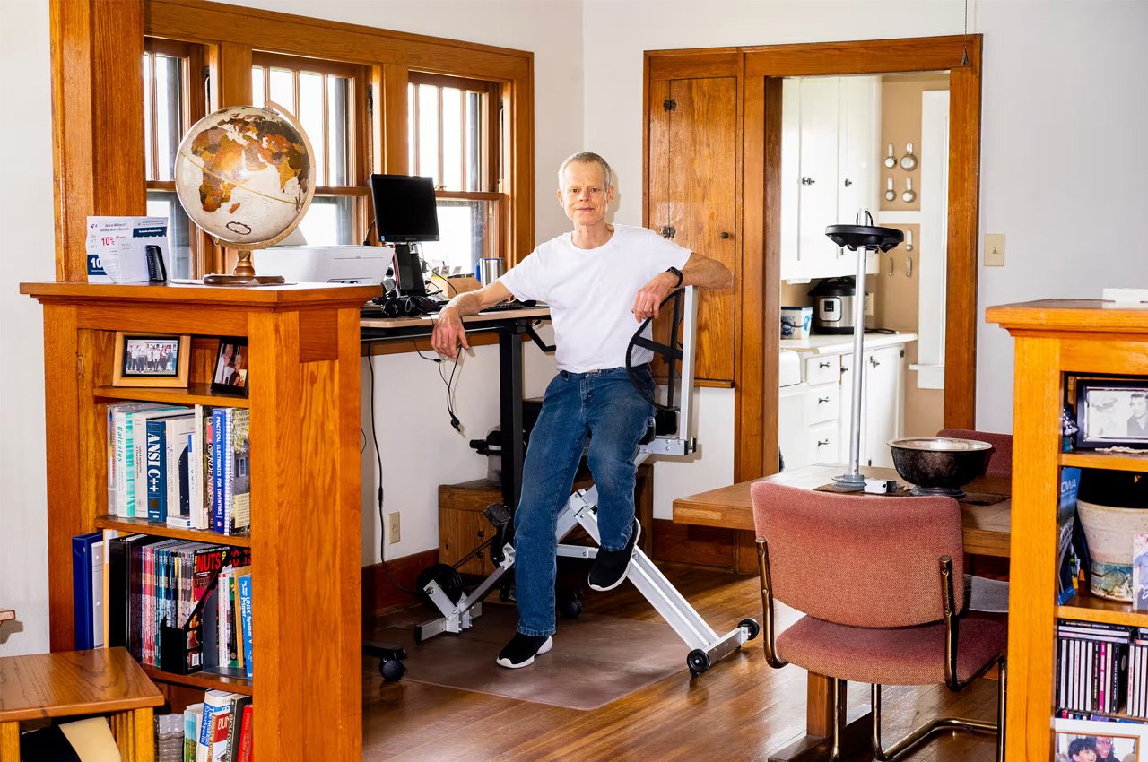 This 59-year-young’s pedal-powered desk is a way to exercise while working from home and helping the environment