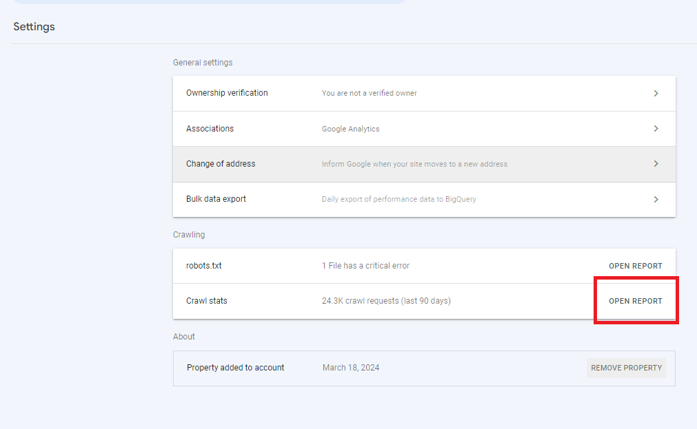 An image of the Settings Page in GSC with a red box over the Open Report option for Crawl Stats 