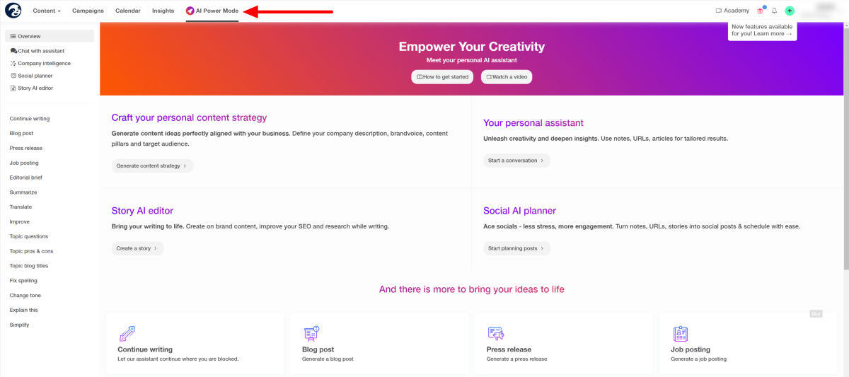 Selecting AI Power Mode on StoryChief.