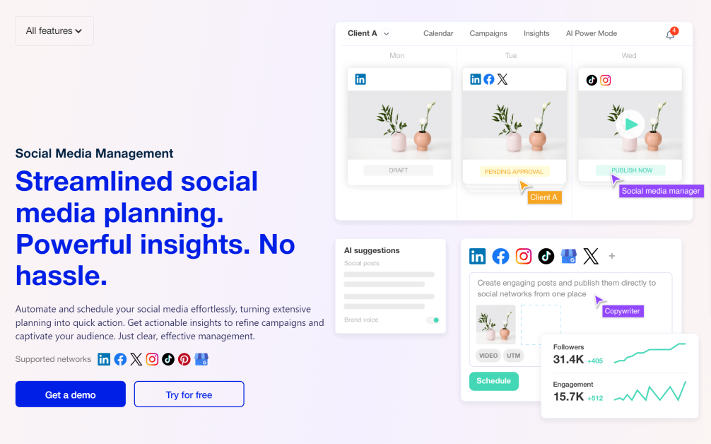 Social media management landing page from StoryChief.