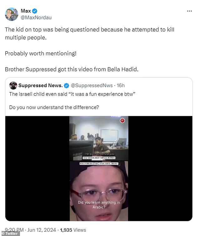 Hadid was also criticized for a video she shared to her stories in which nine-year-old released hostage Ohad Mondar revealed some of the Arabic words he learned while in Hamas captivity