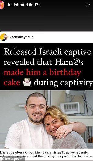 The supermodel shared a post on her Instagram stories Wednesday in which she claimed that Hamas made released hostage Almog Meir Jan, 21, a birthday cake while he was held in captivity