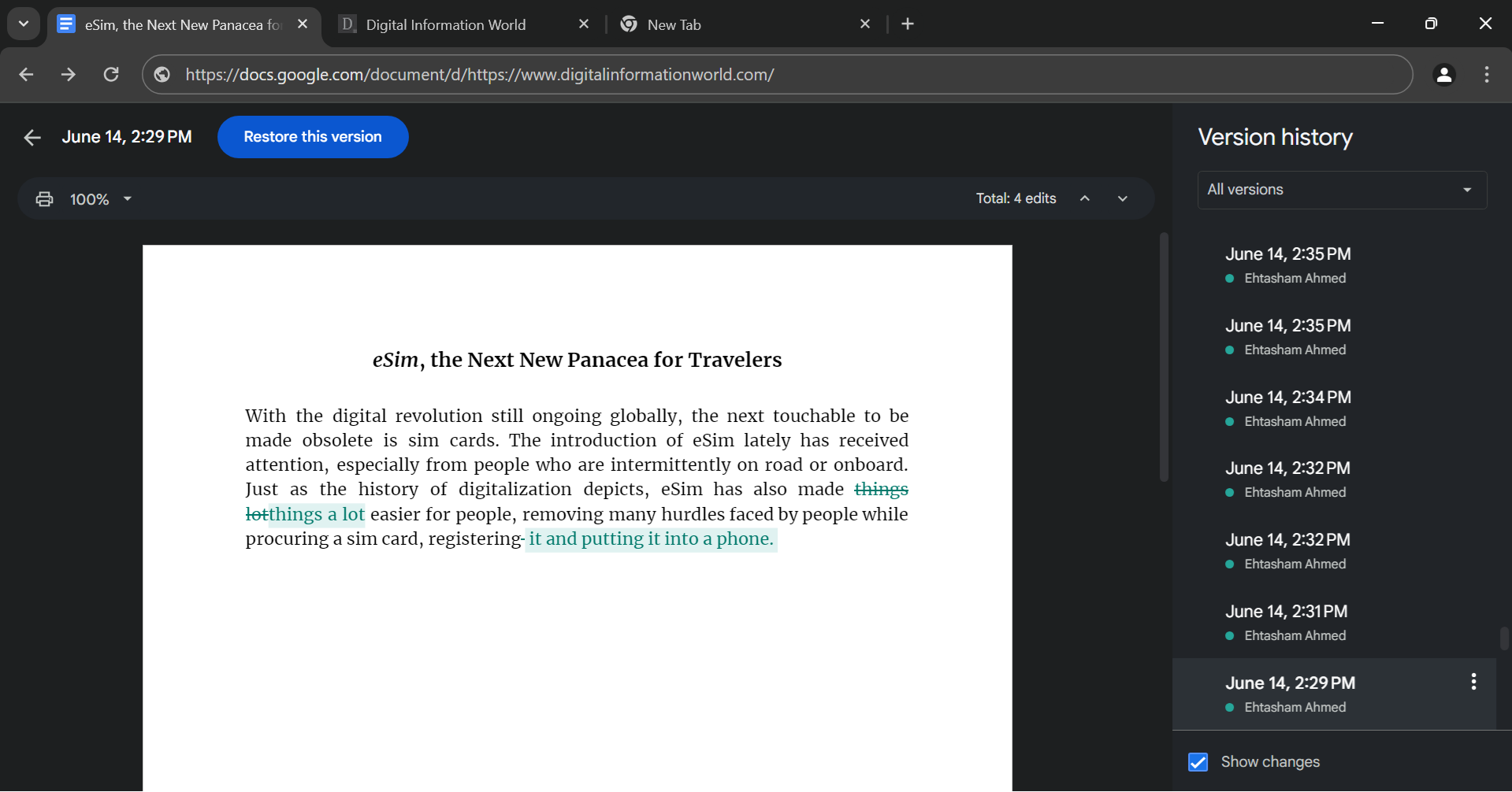 Google Docs' Version history feature is a handy tool that can help content managers and educators detect AI patterns in student's assignments and writer's tasks. Human writers mostly have a decent history of edits and timeline that shows paragraph by paragraph movement (with appropriate time duration) and error fixations along the way, while most of the AI generated content lacks such editing history as it shows no or very few versions in timeline, with nearly no errors or fixation in the process.