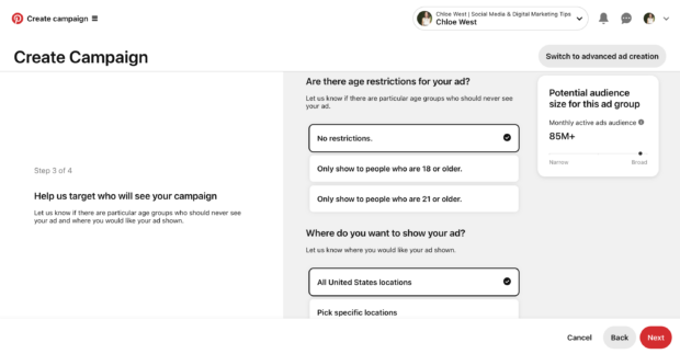 target who will see ad with age restrictions and location settings