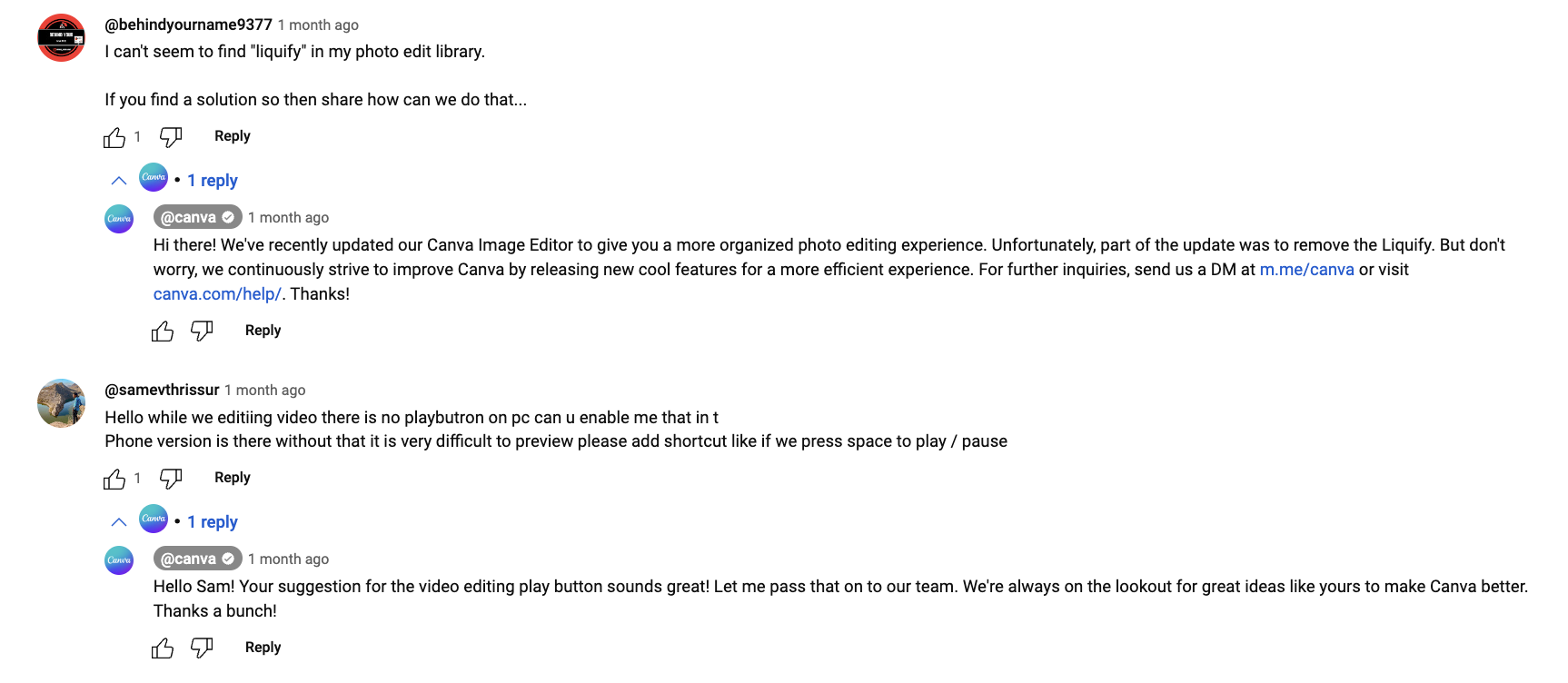 comments on Canva's YouTube videos showing the brand responding to the comments