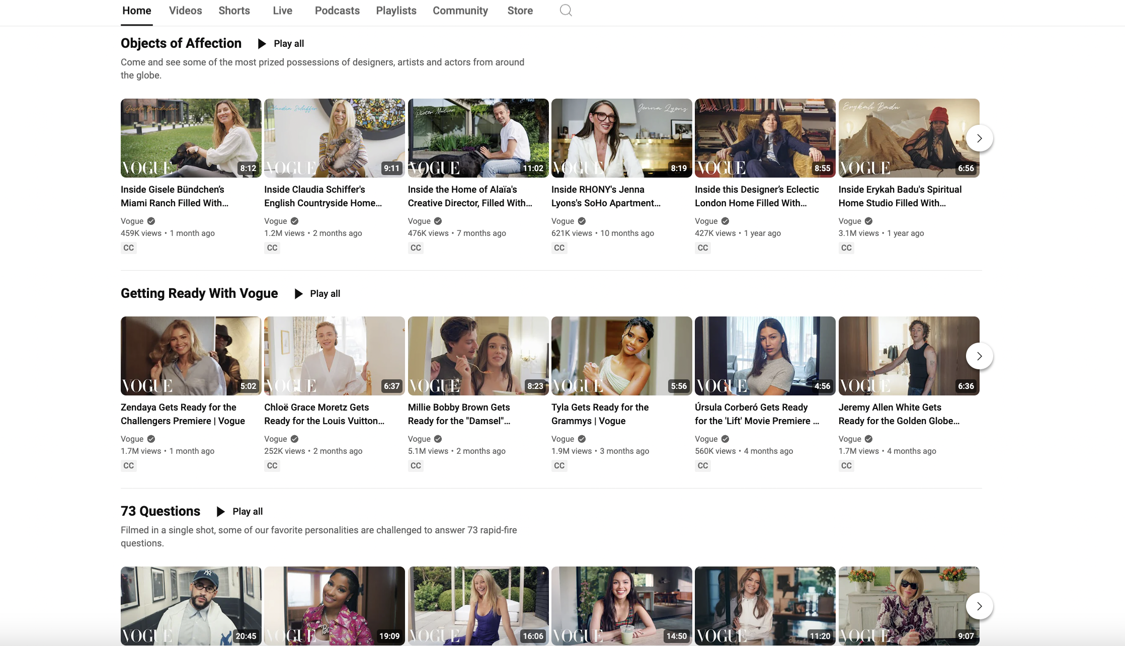 videos on the Vogue YouTube channel showing different series such as Objects of Affection, Getting Ready with Vogue and 73 Questions