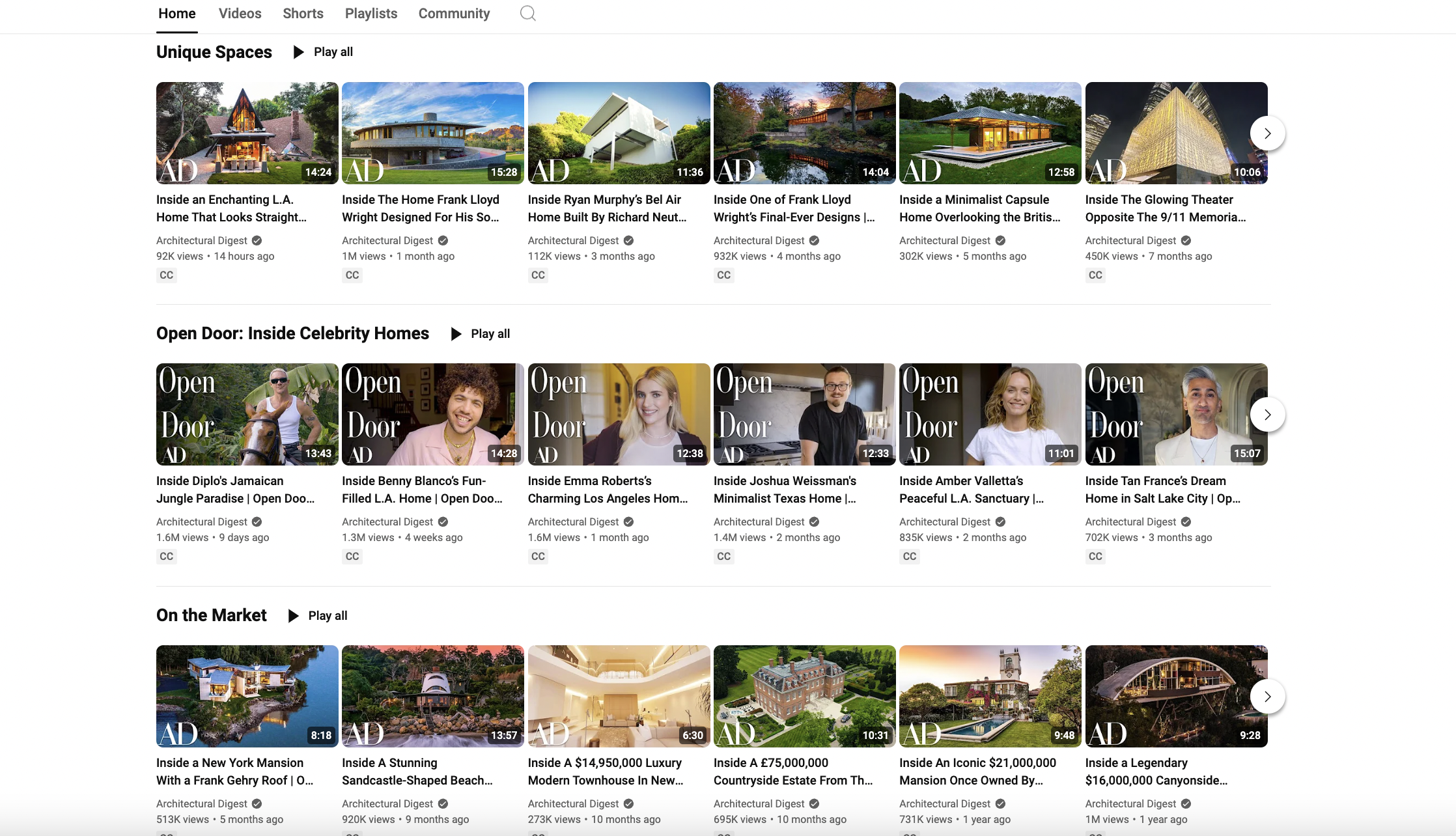 Videos on the Architectural Digest YouTube channel showing various video series such as Unique Spaces, Open Door: Inside Celebrity Homes and On the Market