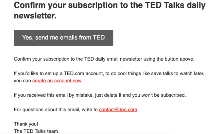 TED’s double opt-in email confirmation