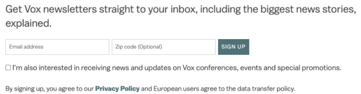 Vox’s newsletter subscription page