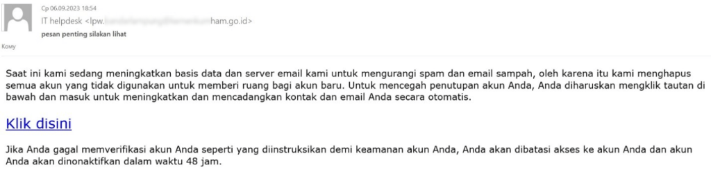 Phishing email in Indonesian