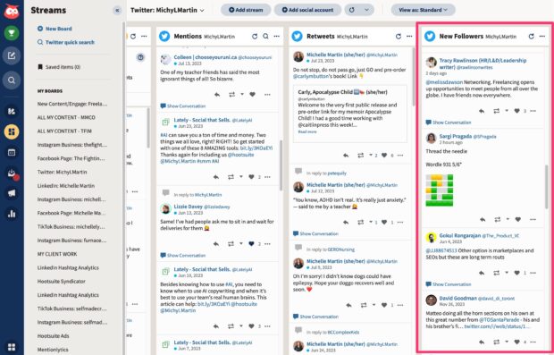 Hootsuite Streams new followers on Twitter