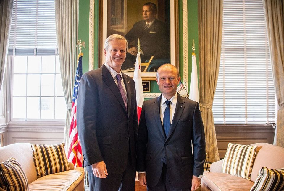 Prime Minister Joseph Muscat of Malta met with Massachusetts Governor Charles Baker in Boston in 2018. 