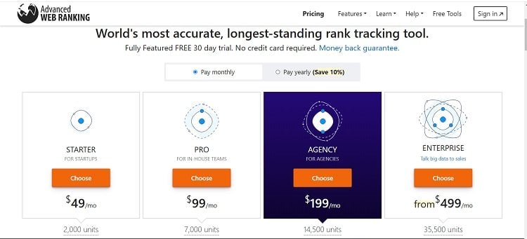 Advanced Web Ranking Pricing Page