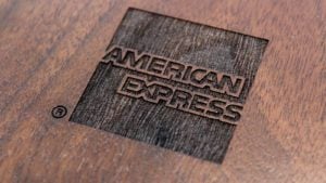 the American Express logo etched into wood