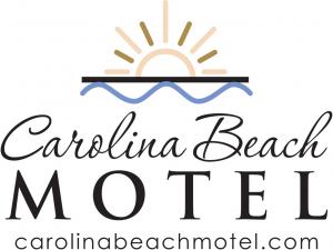 The logo for Carolina Beach Motel features a stylized sun rising over waves. The text 