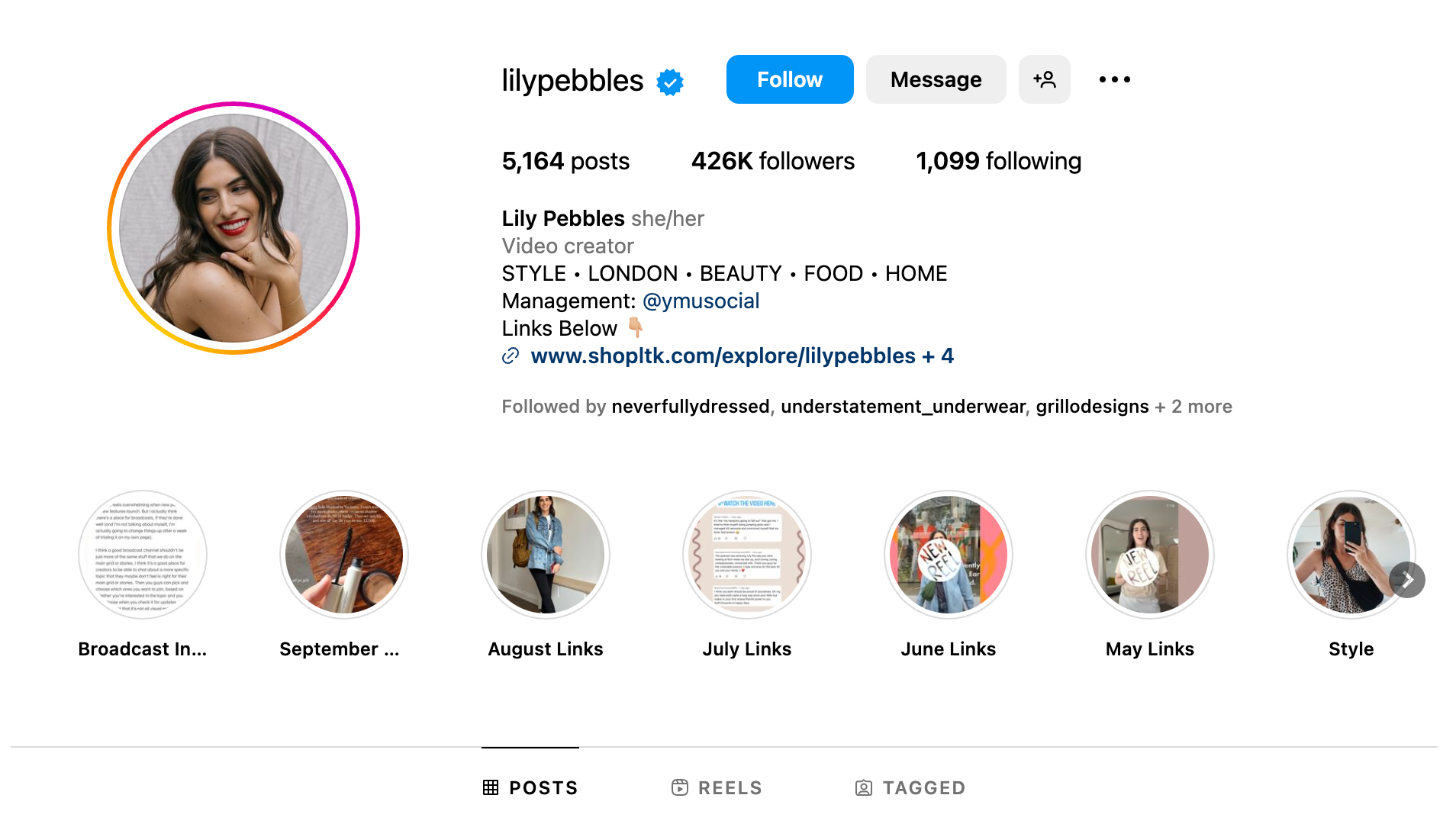 Instagram screen grab of lilypebbles Instagram profile.