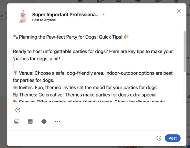 LinkedIn post example about party for dogs with relevant keywords and emojis