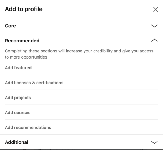 Add to profile Core Recommended and Additional Sections