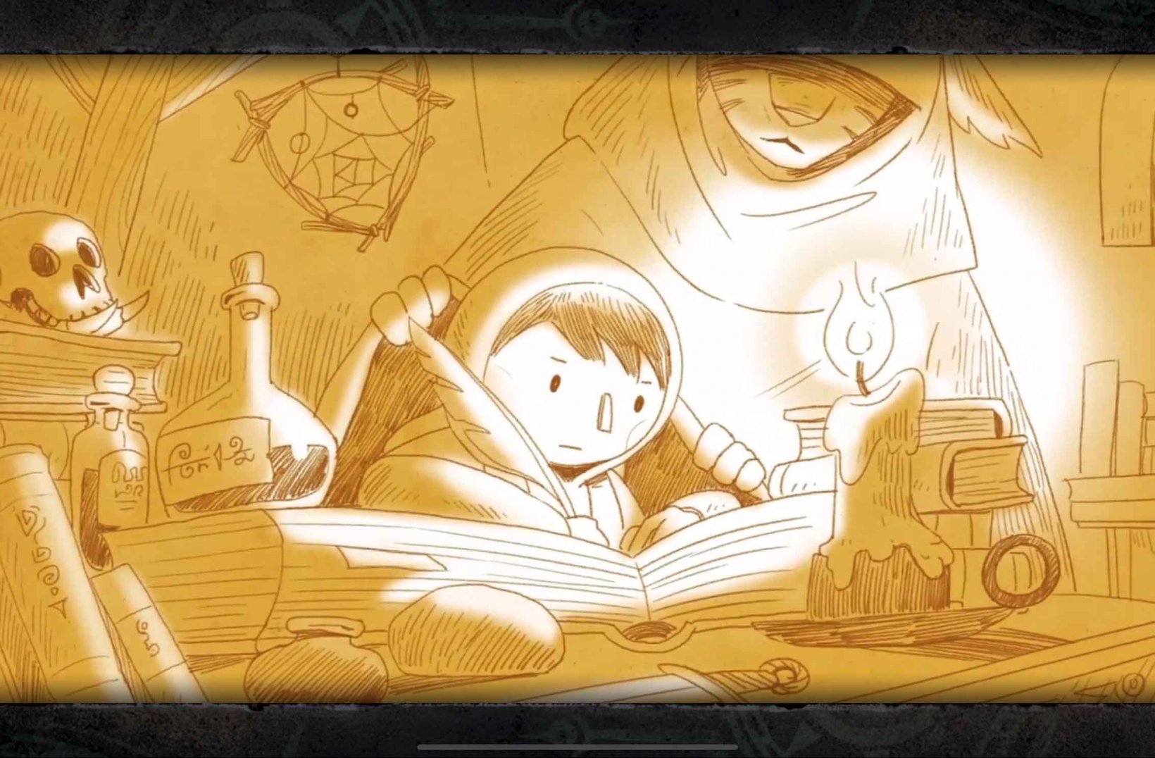 hand-drawn animated cut scene of a boy studying