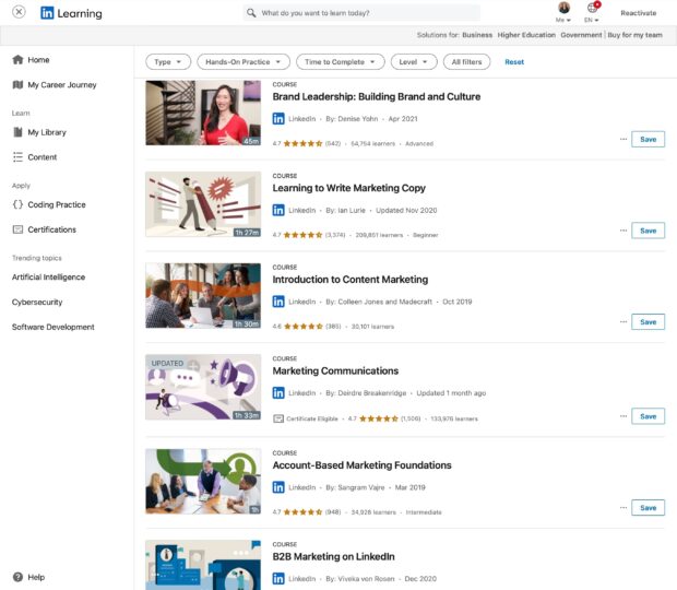 LinkedIn Learning course examples such as brand leadership and learning to write marketing copy