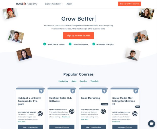 HubSpot Academy grow better and sign up for free courses