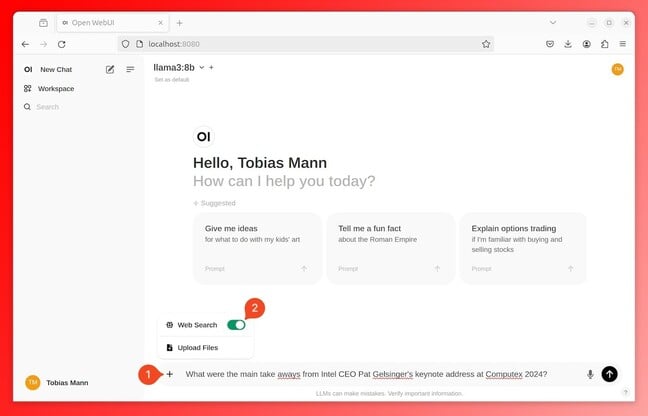 Open WebUI's web search function isn't enable by default, so be sure to enable it before entering your prompt.