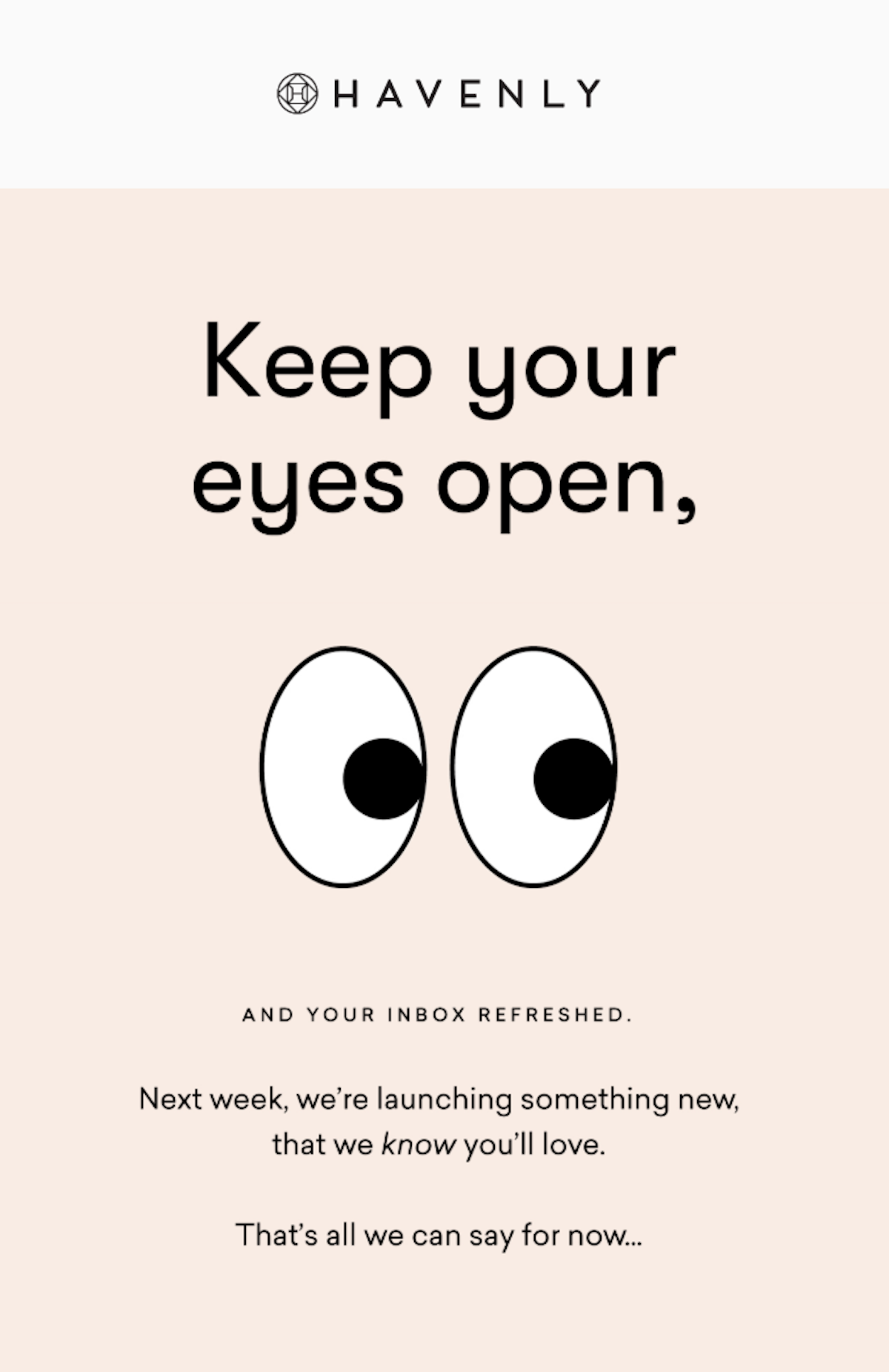 marketing email from Havenly with cartoonish eyeballs and copy reading Keep Your Eyes Open