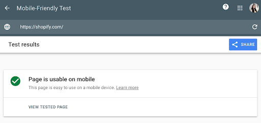 Google Mobile-Friendly Test showing the shopify.com domain is usable on mobile.