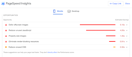 Google PageSpeed Insights showing how deferring offscreen images, reducing unused JavaScript, and properly sizing images can improve page load speed.