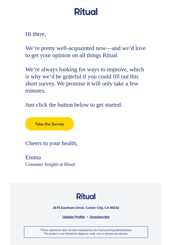 A re-engagement email as part of a win-back campaign from Ritual