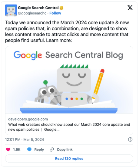 Google Search tweet on March 2024 core update